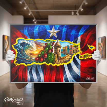 SOY DE LA ISLA DEL ENCANTO - Completa tu orden en 3 PASOS / Compra una OBRA DE ARTE EXCLUSIVA con impresión en CANVAS de ALTA CALIDAD, ENMARCADO PREMIUM y envío GRATUITO. Arte limitada, creada por artista puertorriqueño. ¡LISTA PARA TU ELECCIÓN!