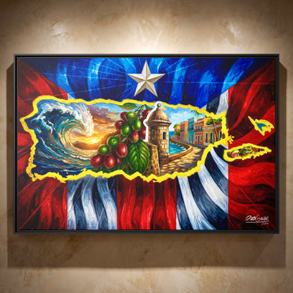 SOY DE LA ISLA DEL ENCANTO - Completa tu orden en 3 PASOS / Compra una OBRA DE ARTE EXCLUSIVA con impresión en CANVAS de ALTA CALIDAD, ENMARCADO PREMIUM y envío GRATUITO. Arte limitada, creada por artista puertorriqueño. ¡LISTA PARA TU ELECCIÓN!