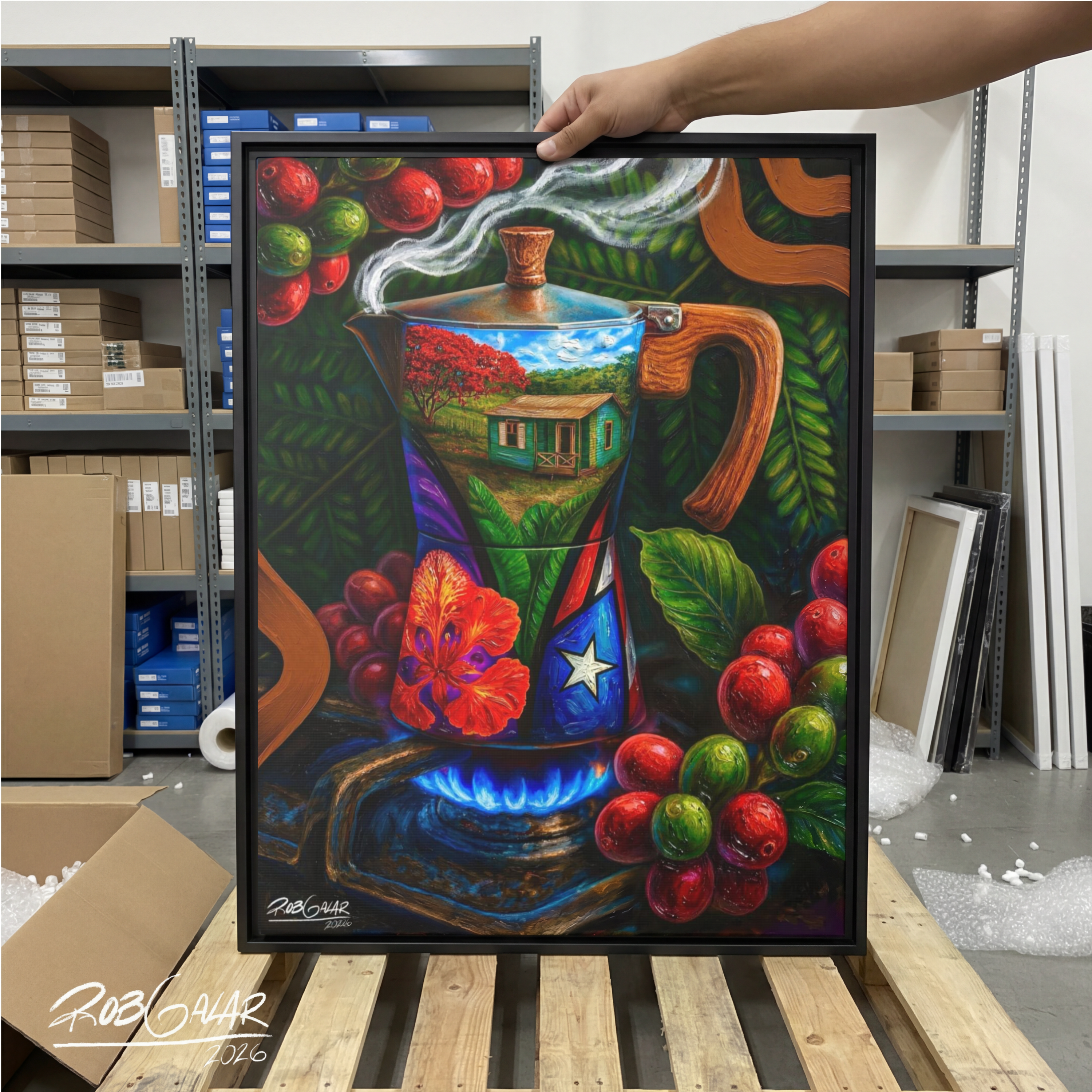 CAFÉ RICO! - Completa tu orden en 3 PASOS / LLÉVATE una OBRA DE ARTE (Matte) en PRINT CANVAS, ENMARCADA y ÚNICA en su especie. ARTE MUY LIMITADO creado por artista puertorriqueño. ¡LISTA Y PERFECTA para coleccionar!