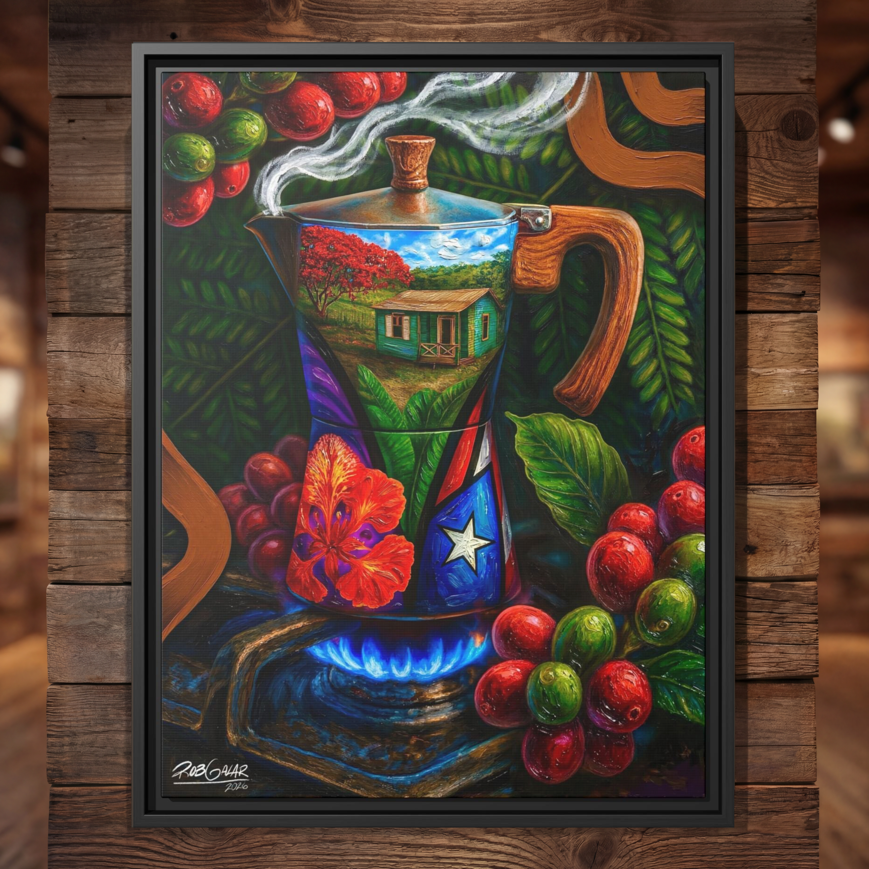CAFÉ RICO! - Completa tu orden en 3 PASOS / LLÉVATE una OBRA DE ARTE (Matte) en PRINT CANVAS, ENMARCADA y ÚNICA en su especie. ARTE MUY LIMITADO creado por artista puertorriqueño. ¡LISTA Y PERFECTA para coleccionar!