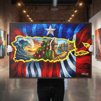 SOY DE LA ISLA DEL ENCANTO - Completa tu orden en 3 PASOS / Compra una OBRA DE ARTE EXCLUSIVA con impresión en CANVAS de ALTA CALIDAD, ENMARCADO PREMIUM y envío GRATUITO. Arte limitada, creada por artista puertorriqueño. ¡LISTA PARA TU ELECCIÓN!