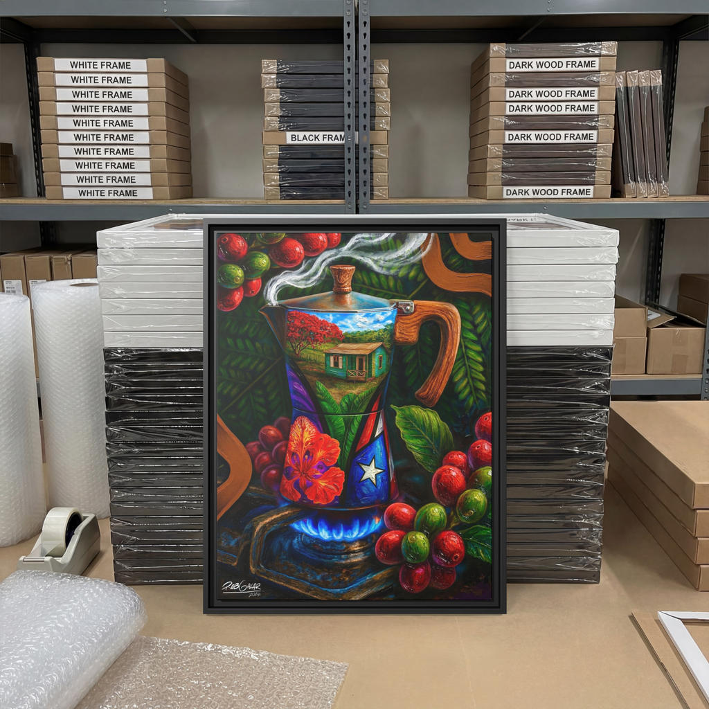 CAFÉ RICO! - Completa tu orden en 3 PASOS / LLÉVATE una OBRA DE ARTE (Matte) en PRINT CANVAS, ENMARCADA y ÚNICA en su especie. ARTE MUY LIMITADO creado por artista puertorriqueño. ¡LISTA Y PERFECTA para coleccionar!