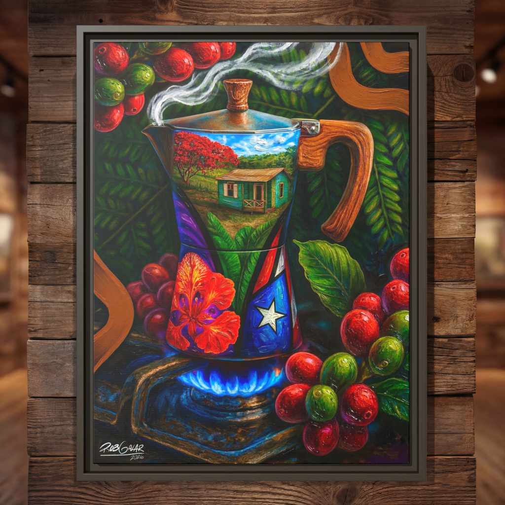 CAFÉ RICO! - Completa tu orden en 3 PASOS / LLÉVATE una OBRA DE ARTE (Matte) en PRINT CANVAS, ENMARCADA y ÚNICA en su especie. ARTE MUY LIMITADO creado por artista puertorriqueño. ¡LISTA Y PERFECTA para coleccionar!