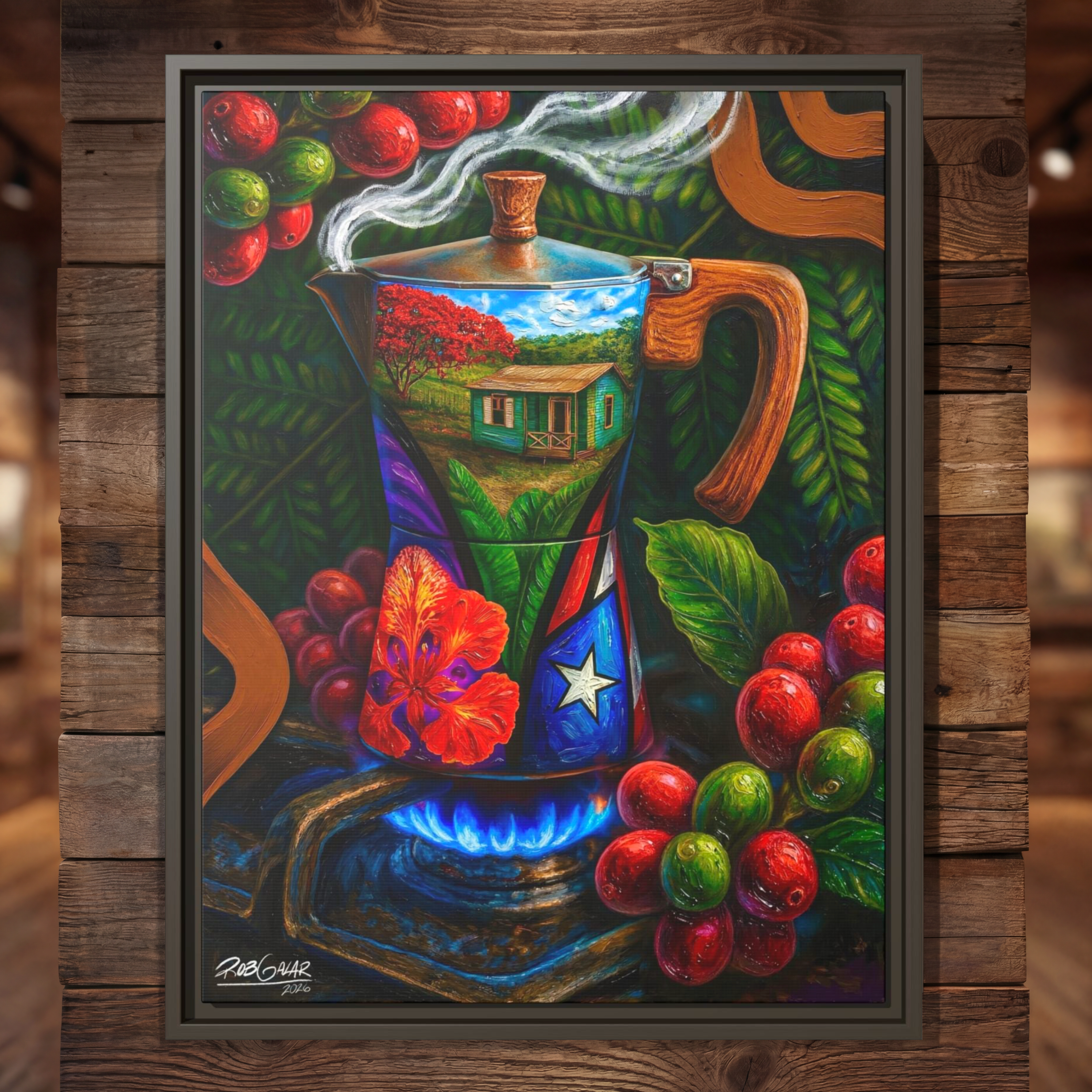 CAFÉ RICO! - Completa tu orden en 3 PASOS / LLÉVATE una OBRA DE ARTE (Matte) en PRINT CANVAS, ENMARCADA y ÚNICA en su especie. ARTE MUY LIMITADO creado por artista puertorriqueño. ¡LISTA Y PERFECTA para coleccionar!