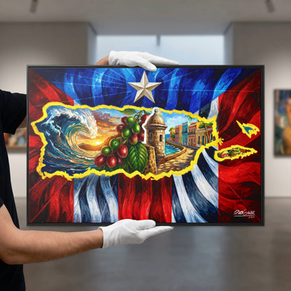 SOY DE LA ISLA DEL ENCANTO - Completa tu orden en 3 PASOS / Compra una OBRA DE ARTE EXCLUSIVA con impresión en CANVAS de ALTA CALIDAD, ENMARCADO PREMIUM y envío GRATUITO. Arte limitada, creada por artista puertorriqueño. ¡LISTA PARA TU ELECCIÓN!