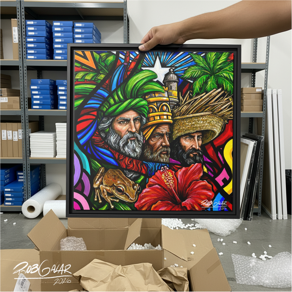 ¡TRES REYES DE ENERO! - Completa tu orden en 3 PASOS / LLÉVATE una OBRA DE ARTE (Matte) en PRINT CANVAS, ENMARCADA, ÚNICA, con un ARTE MUY LIMITADO creado por un artista puertorriqueño. LISTA Y PERFECTA para coleccionar ó REGALAR